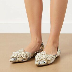 Zuyiqing Tan Pearl Embellished Brocade Flat Point Toe Ballet Shoes 40 8.5